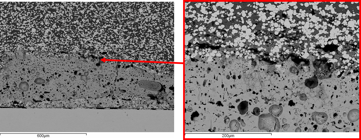 Two micrographs showing unreacted (top) and reacted (bottom) microstructure in a shock loaded nickel-aluminium powder bed.